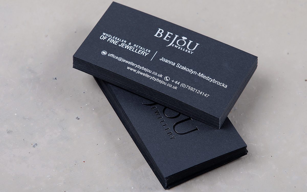 Wizytówki Bejou Jewellery - Hot stamping, sitodruk, papier barwiony w masie